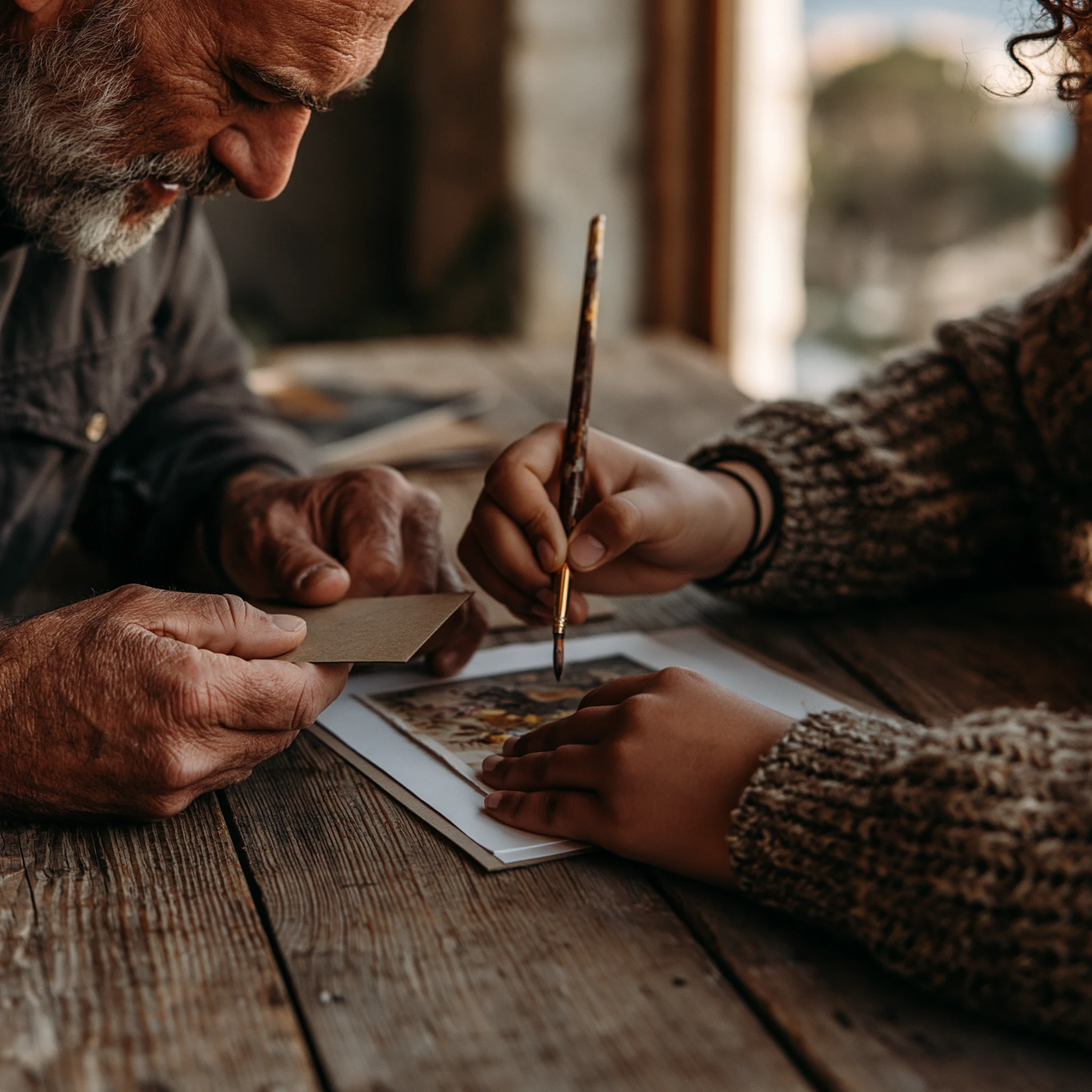Close-up of an older man's hands and a younger person's hands at a wooden table, working together.