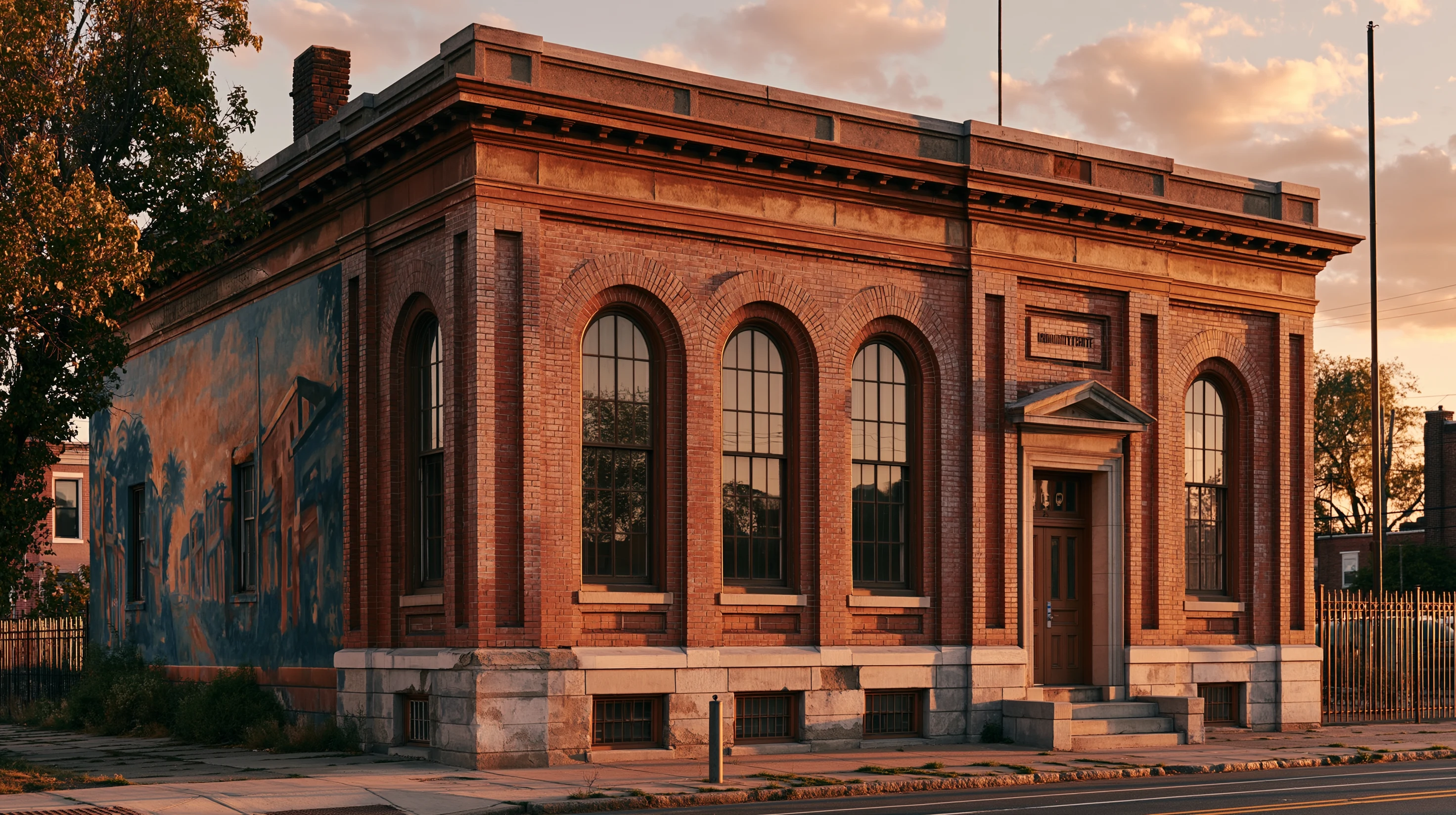 Keystone Youth Alliance home, a red-brick Carnegie-library-style building at the corner of a Philadelphia block at golden hour. A deep blue mural runs the length of the side wall.