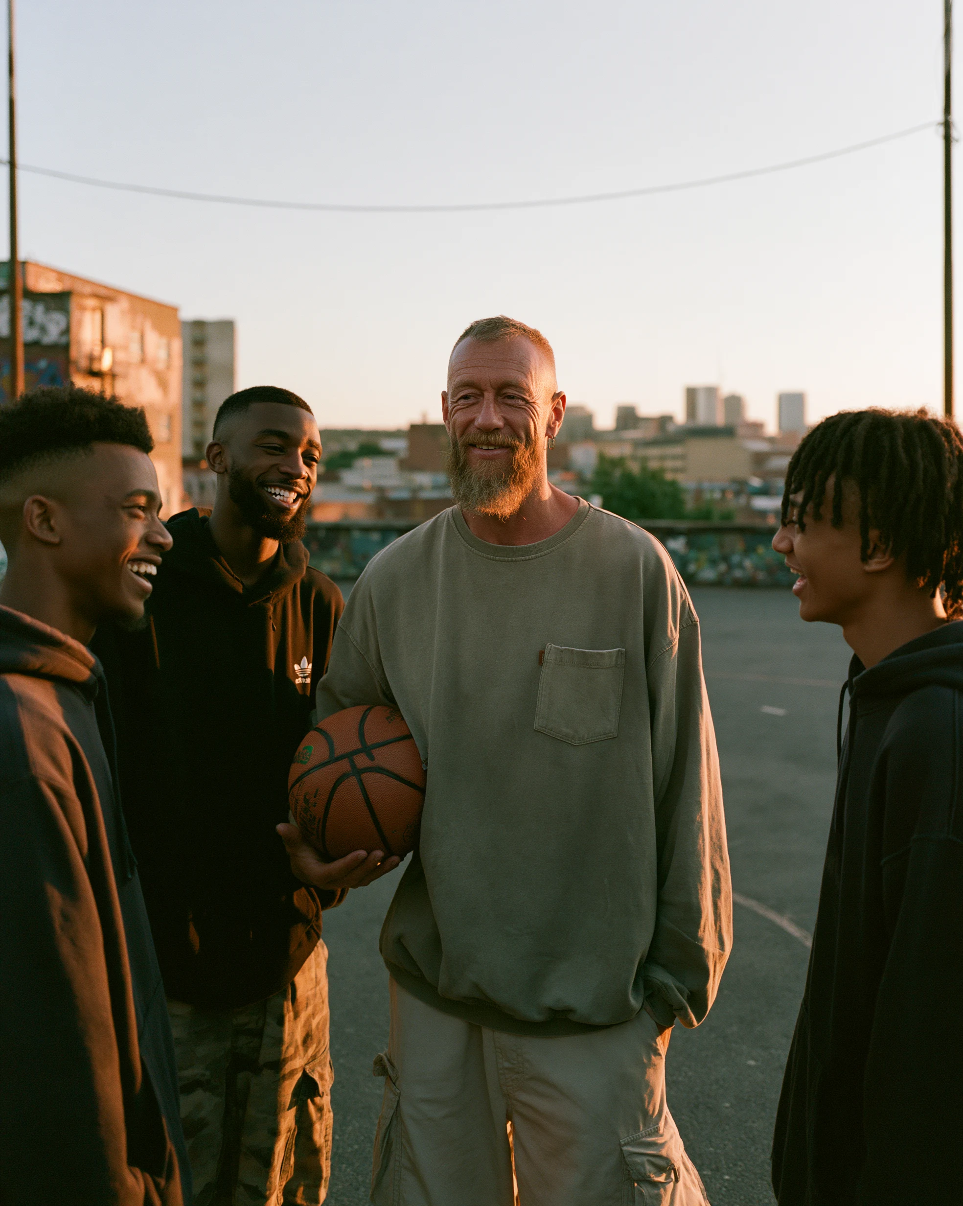 A mentor with three teenagers on a Philadelphia basketball court.