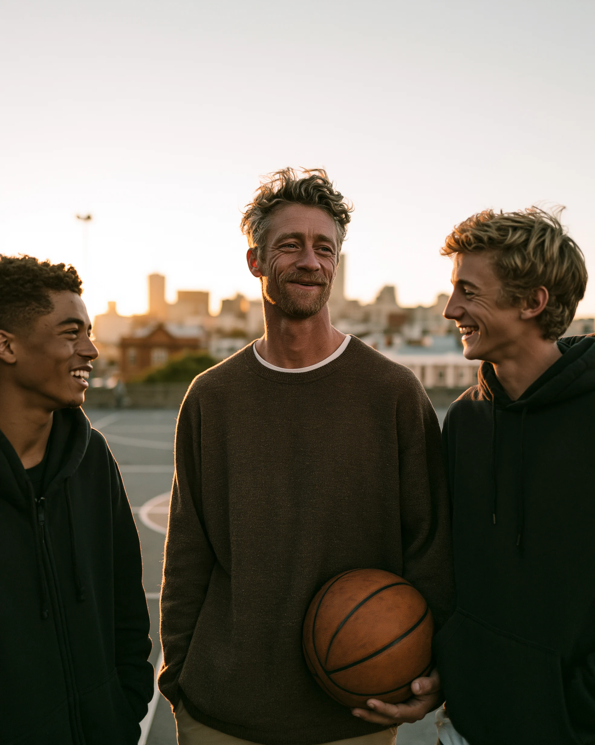 Marcus Hill, a mentor, laughing with two teenagers on a Philadelphia basketball court.