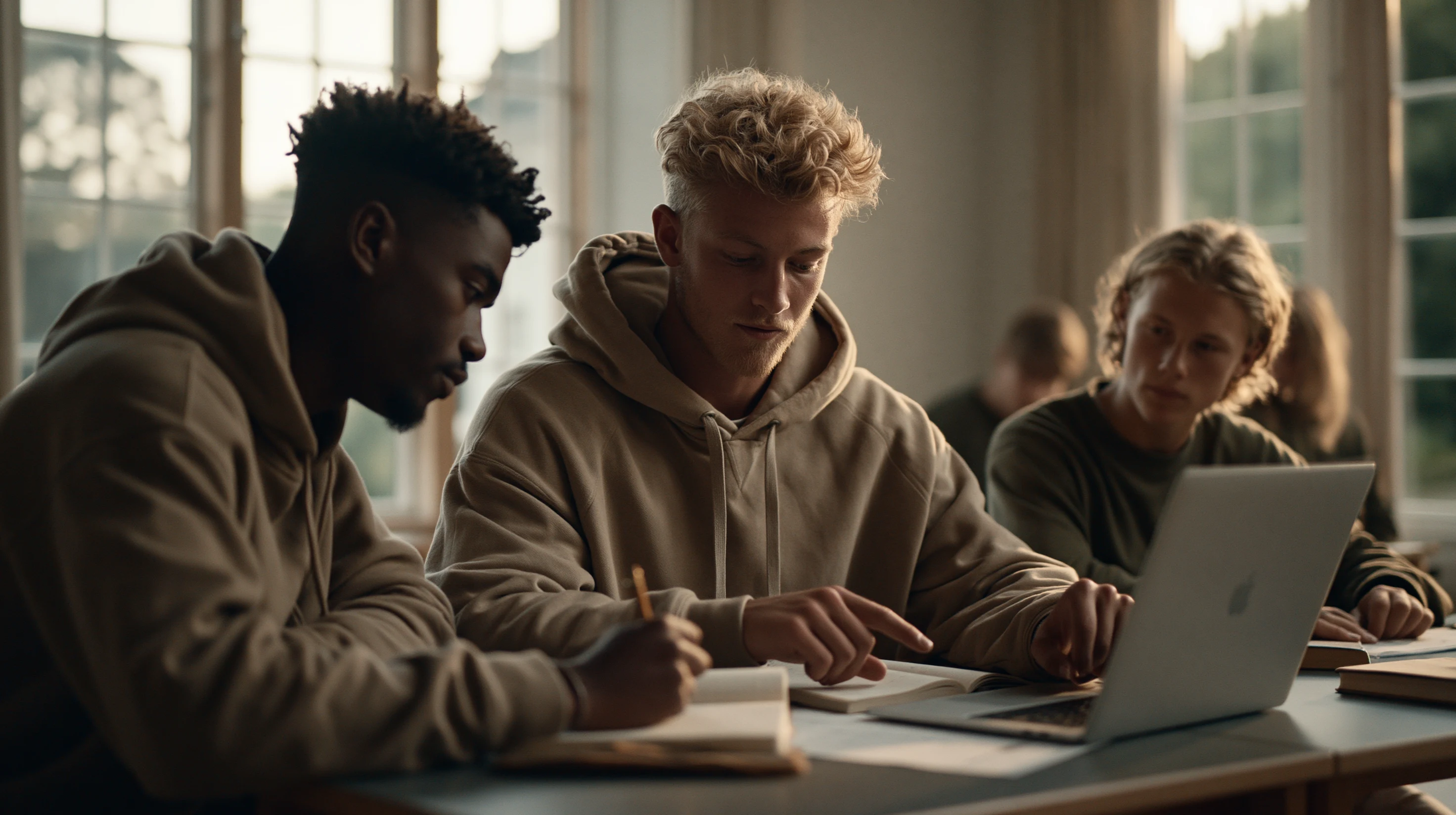 Mixed-age young people working at a wooden homework table with laptops and notebooks.